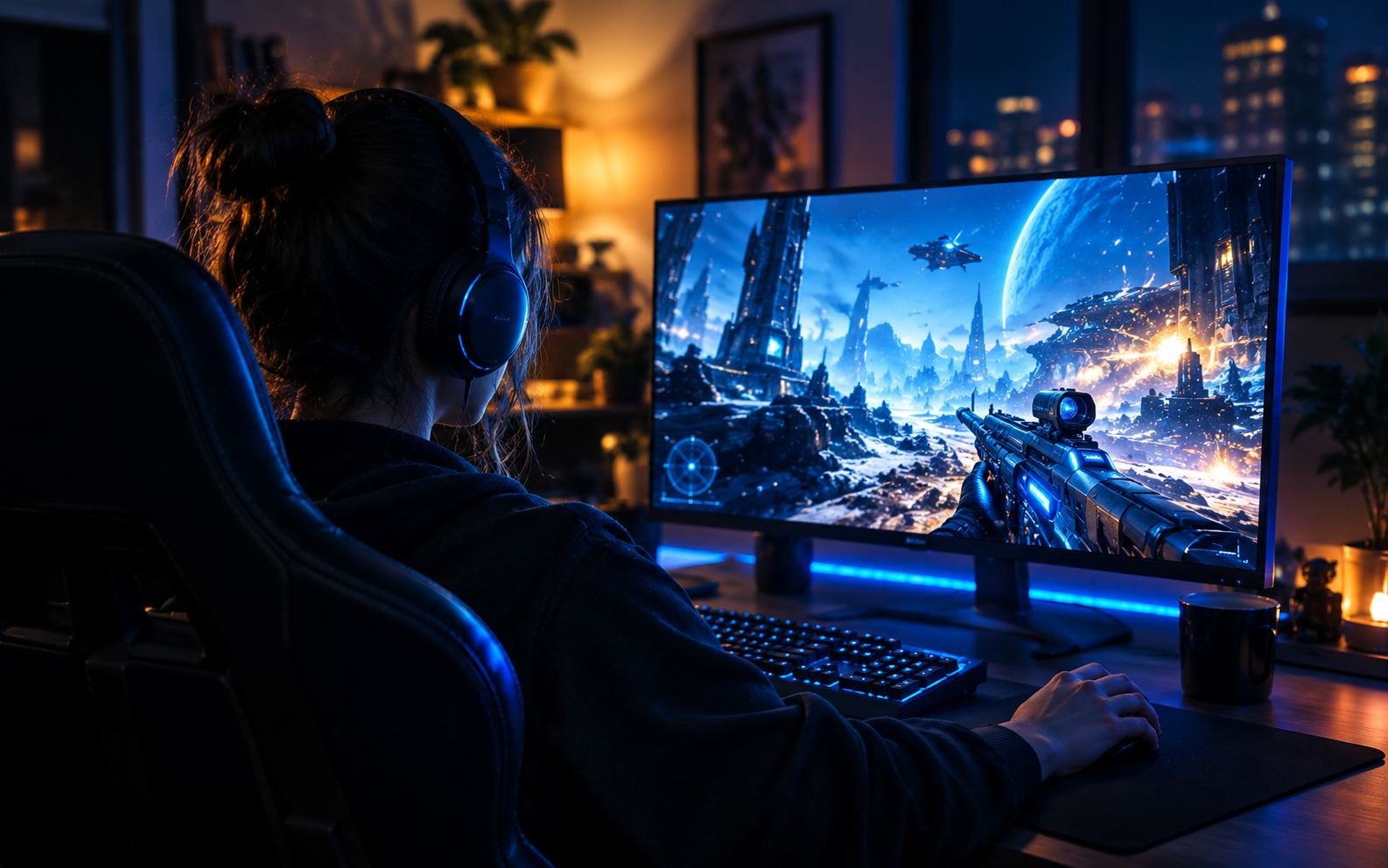 A player wearing headphones plays a sci-fi shooter on a large monitor at night